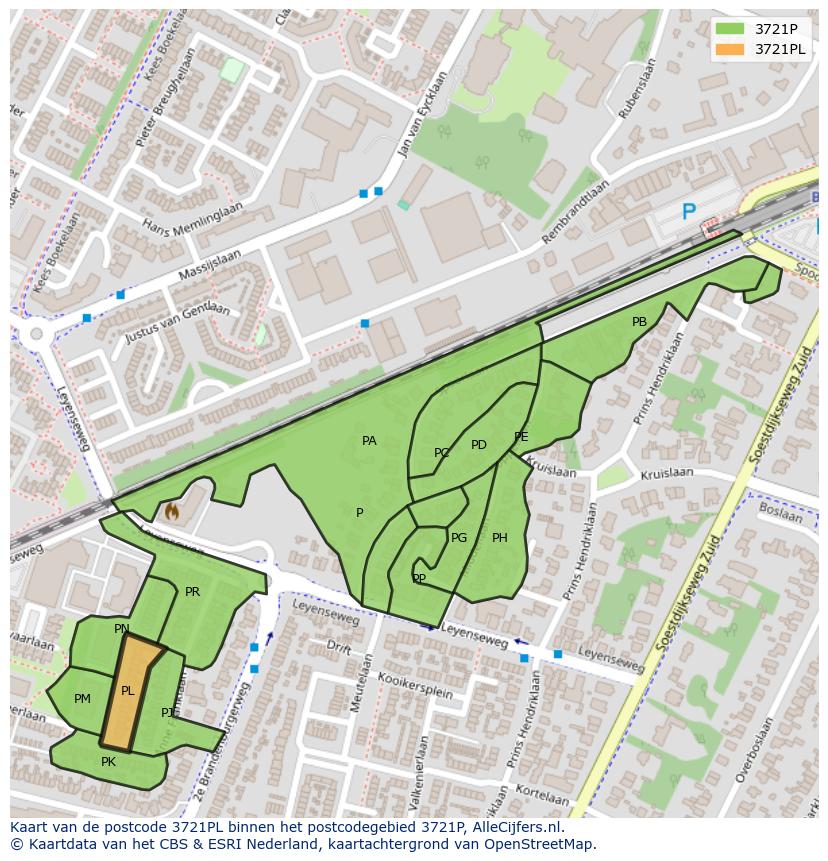 Afbeelding van het postcodegebied 3721 PL op de kaart.