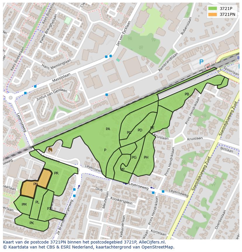 Afbeelding van het postcodegebied 3721 PN op de kaart.
