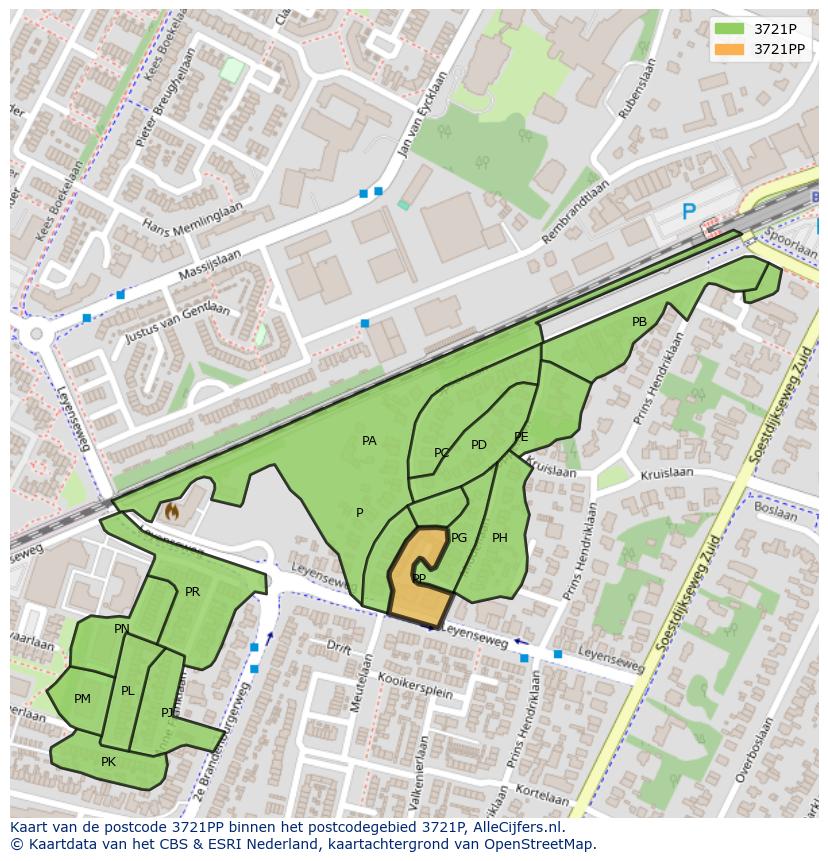 Afbeelding van het postcodegebied 3721 PP op de kaart.