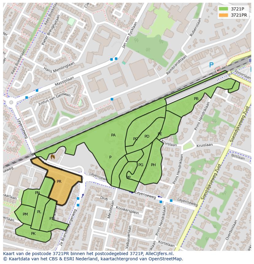 Afbeelding van het postcodegebied 3721 PR op de kaart.