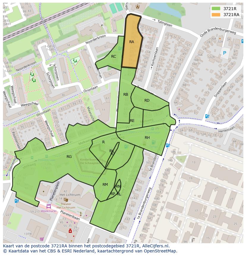 Afbeelding van het postcodegebied 3721 RA op de kaart.