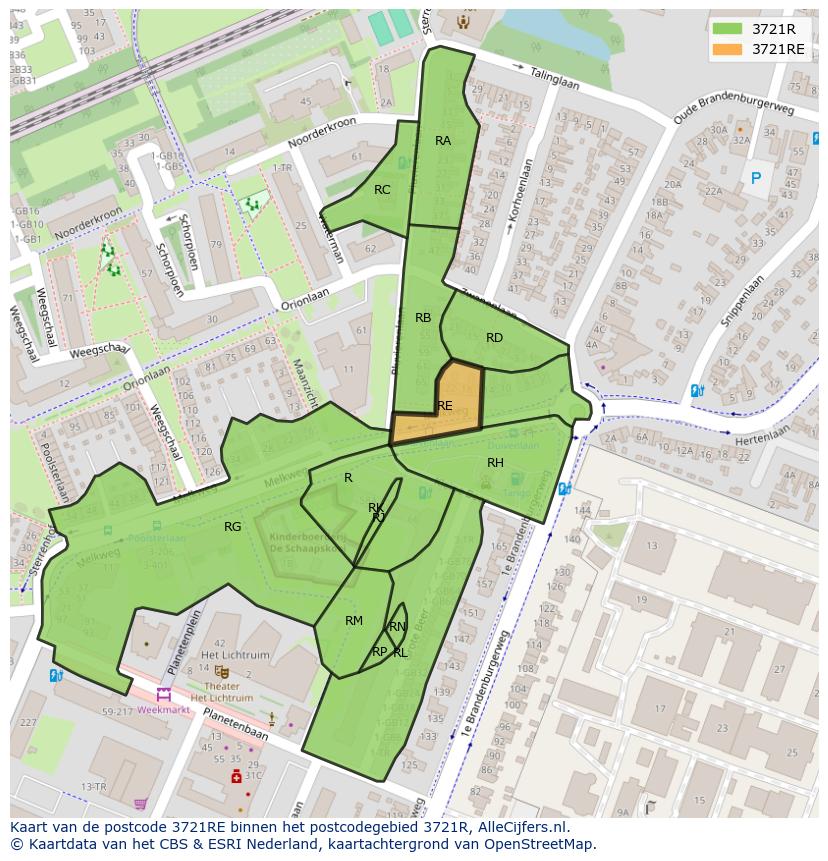 Afbeelding van het postcodegebied 3721 RE op de kaart.