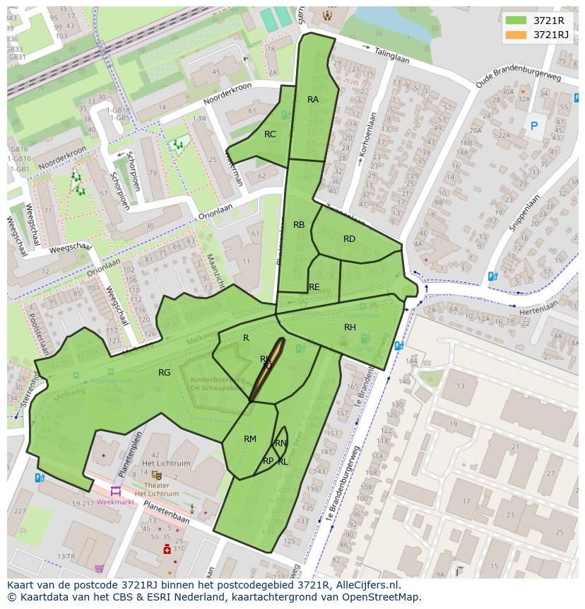 Afbeelding van het postcodegebied 3721 RJ op de kaart.