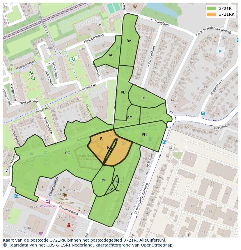Afbeelding van het postcodegebied 3721 RK op de kaart.