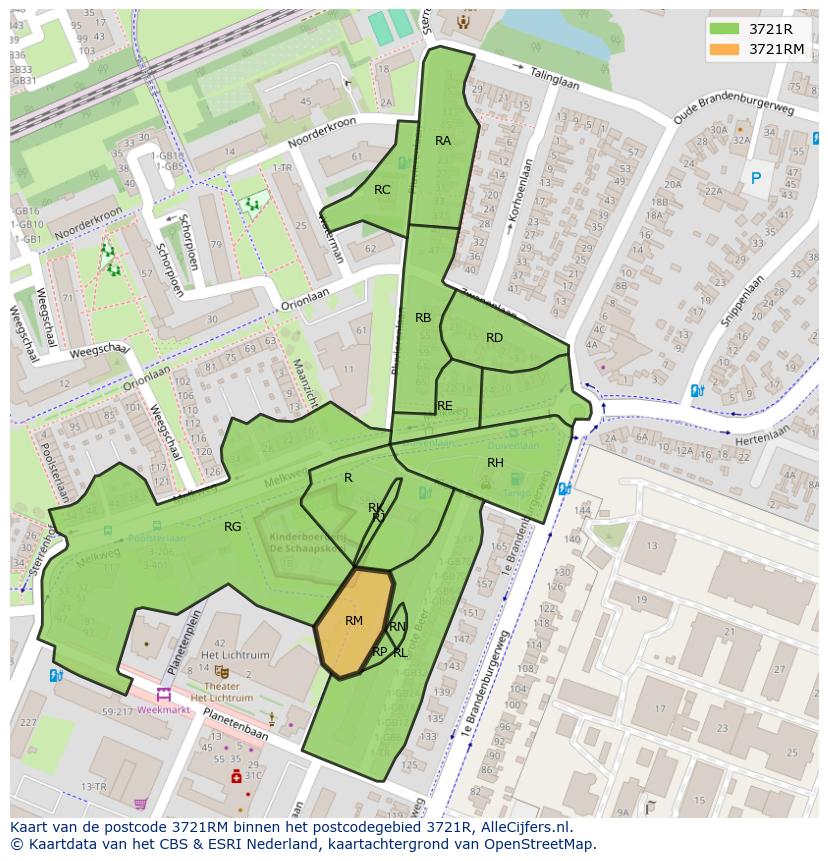 Afbeelding van het postcodegebied 3721 RM op de kaart.