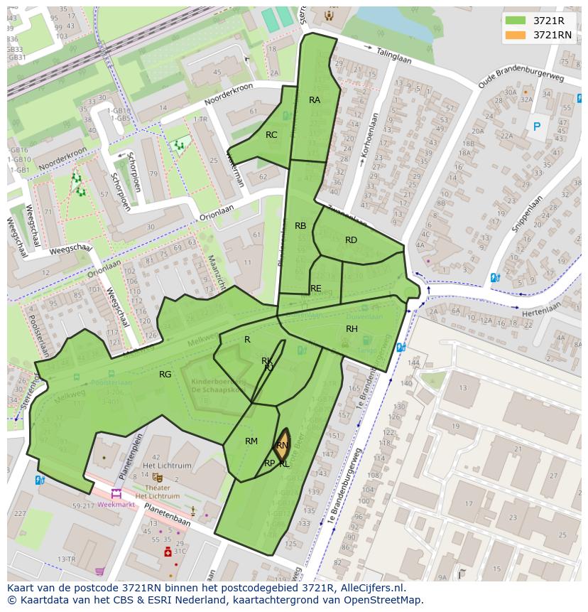 Afbeelding van het postcodegebied 3721 RN op de kaart.