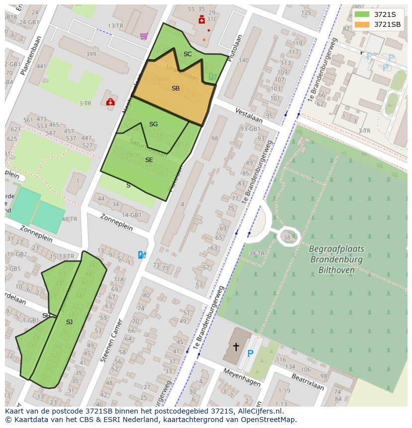 Afbeelding van het postcodegebied 3721 SB op de kaart.