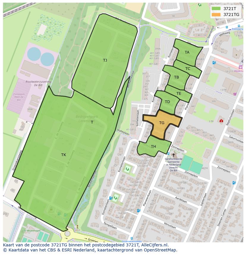 Afbeelding van het postcodegebied 3721 TG op de kaart.