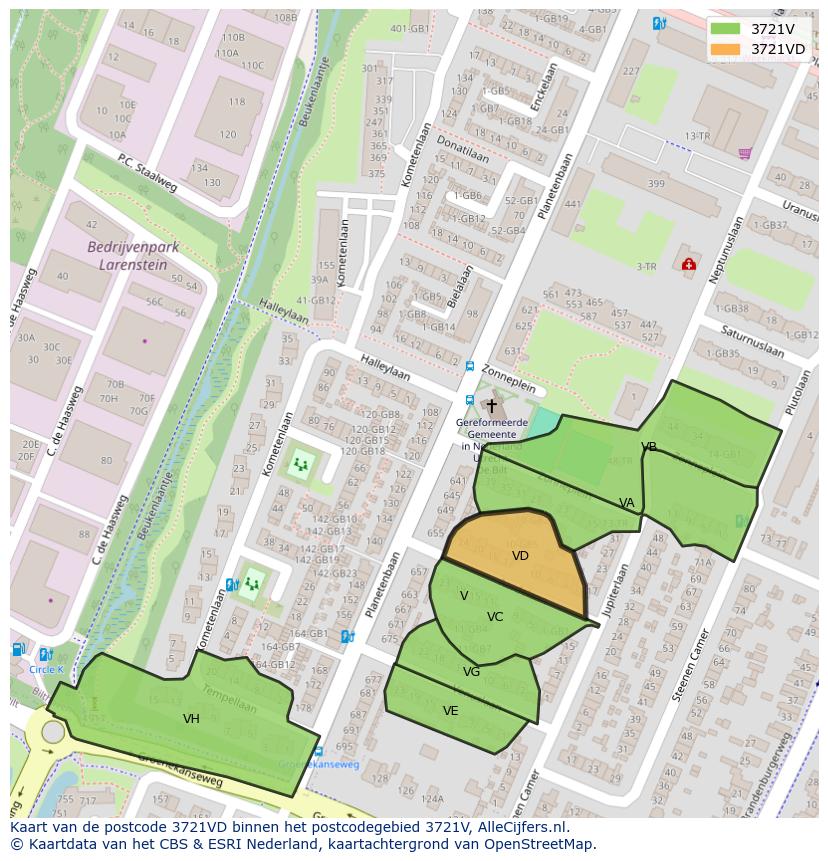 Afbeelding van het postcodegebied 3721 VD op de kaart.
