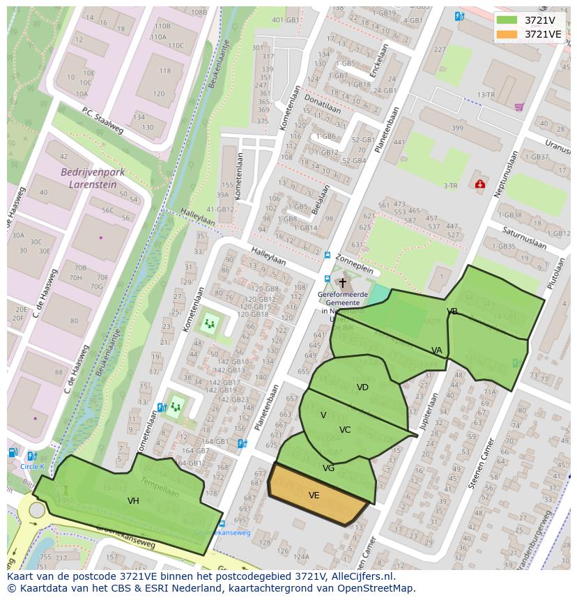 Afbeelding van het postcodegebied 3721 VE op de kaart.