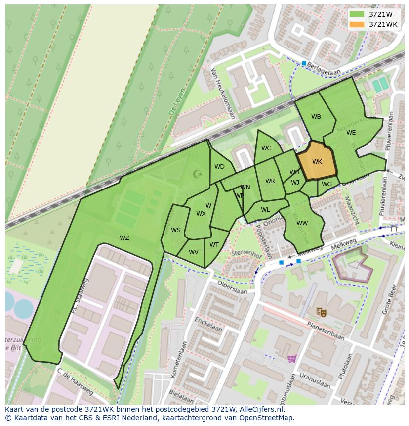 Afbeelding van het postcodegebied 3721 WK op de kaart.