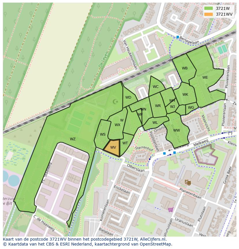 Afbeelding van het postcodegebied 3721 WV op de kaart.