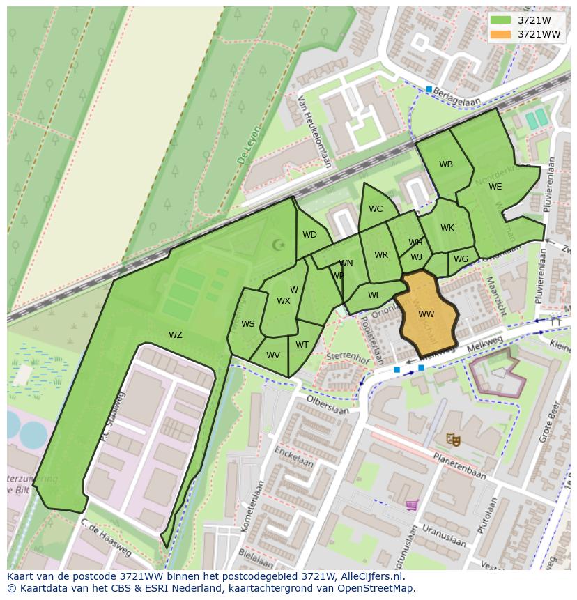 Afbeelding van het postcodegebied 3721 WW op de kaart.