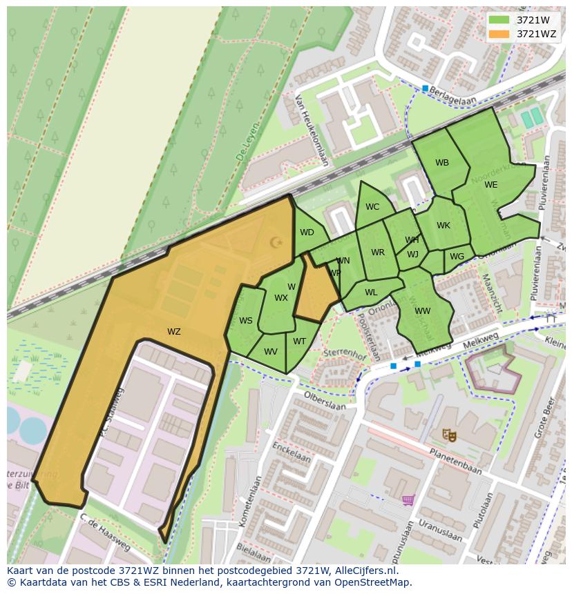 Afbeelding van het postcodegebied 3721 WZ op de kaart.