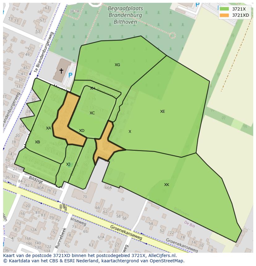 Afbeelding van het postcodegebied 3721 XD op de kaart.