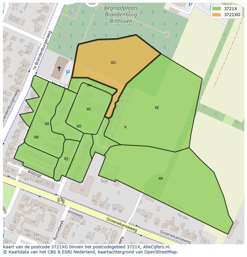 Afbeelding van het postcodegebied 3721 XG op de kaart.