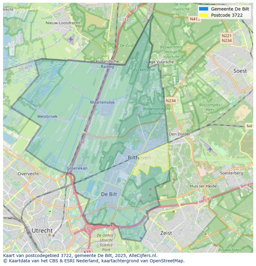 Afbeelding van het postcodegebied 3722 op de kaart.