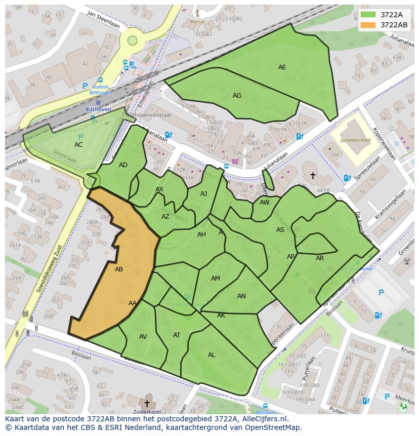 Afbeelding van het postcodegebied 3722 AB op de kaart.