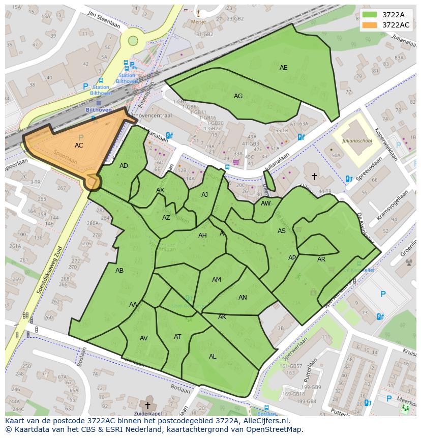 Afbeelding van het postcodegebied 3722 AC op de kaart.
