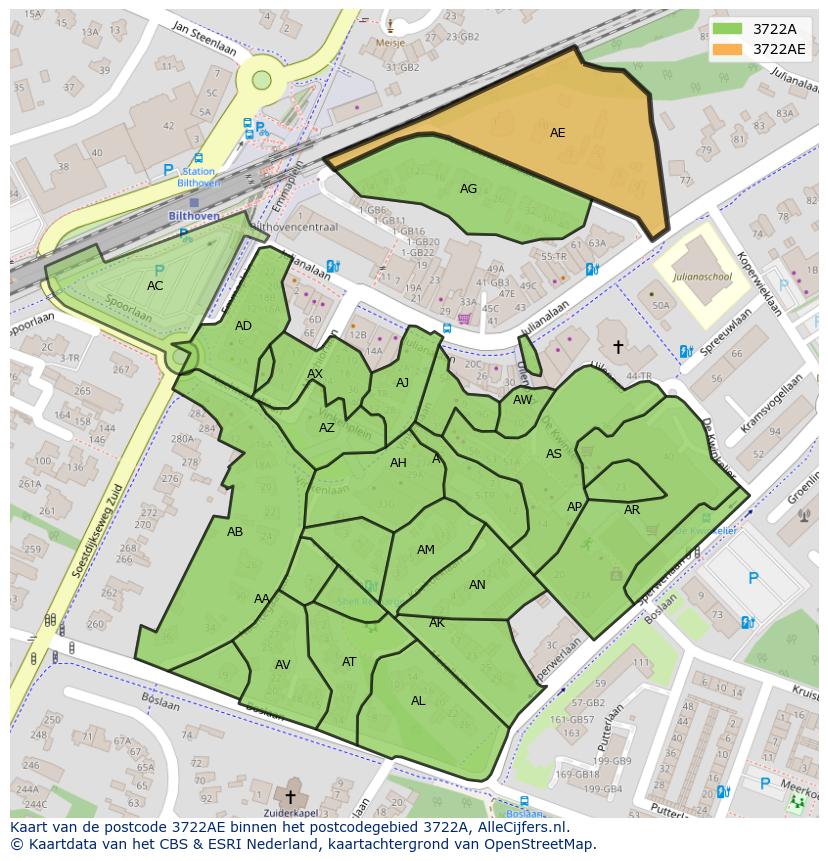 Afbeelding van het postcodegebied 3722 AE op de kaart.