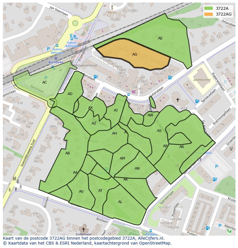 Afbeelding van het postcodegebied 3722 AG op de kaart.