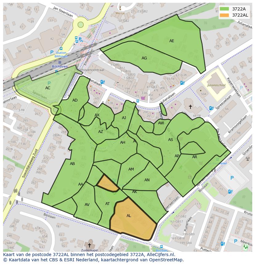 Afbeelding van het postcodegebied 3722 AL op de kaart.