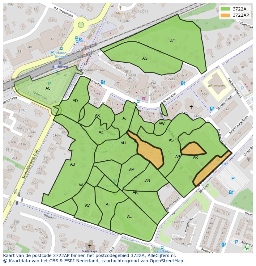 Afbeelding van het postcodegebied 3722 AP op de kaart.