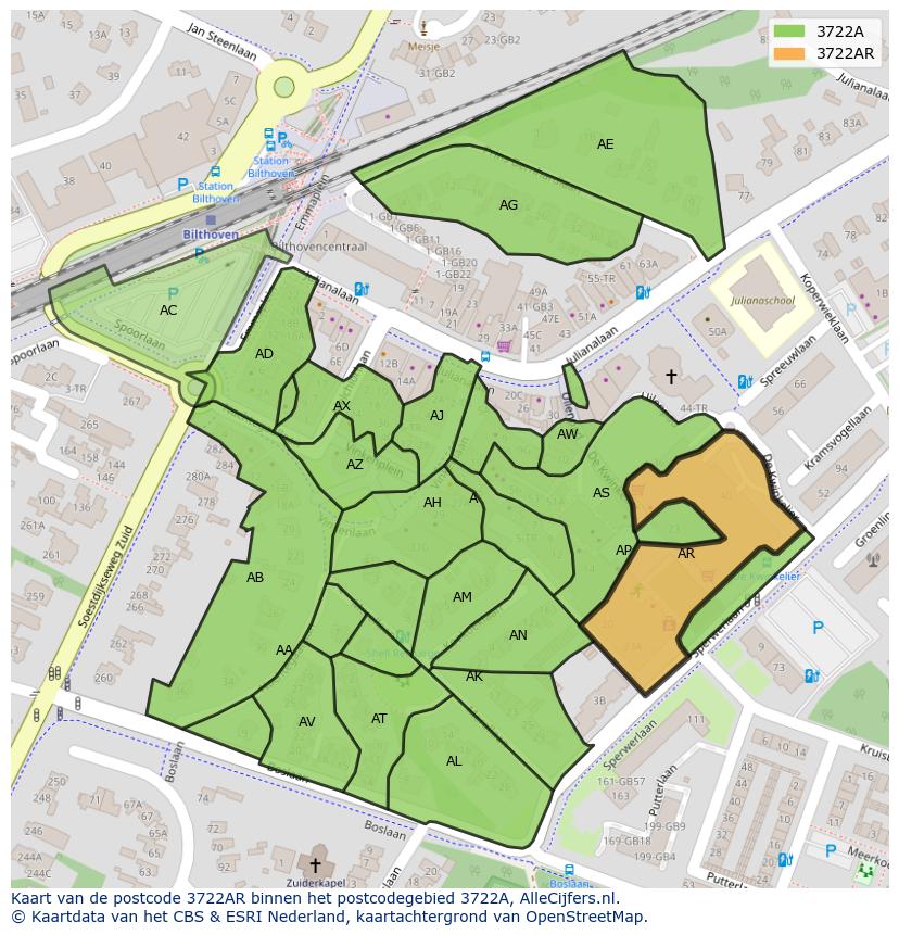 Afbeelding van het postcodegebied 3722 AR op de kaart.