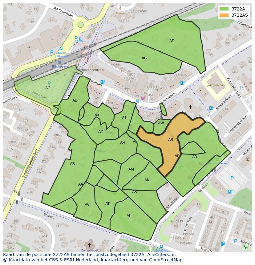 Afbeelding van het postcodegebied 3722 AS op de kaart.