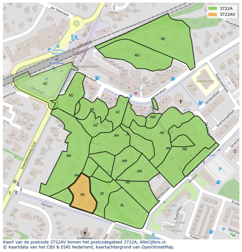 Afbeelding van het postcodegebied 3722 AV op de kaart.