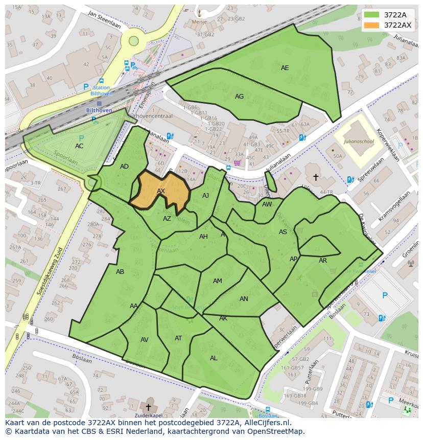 Afbeelding van het postcodegebied 3722 AX op de kaart.