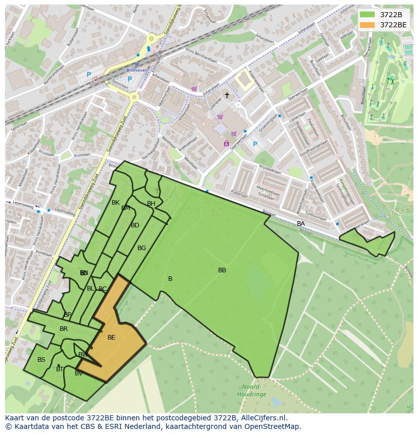 Afbeelding van het postcodegebied 3722 BE op de kaart.