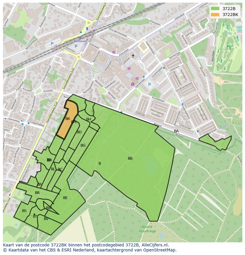 Afbeelding van het postcodegebied 3722 BK op de kaart.