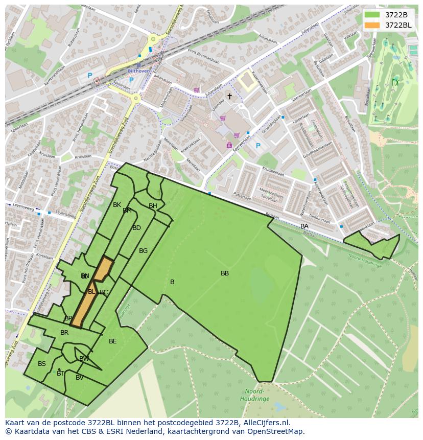 Afbeelding van het postcodegebied 3722 BL op de kaart.