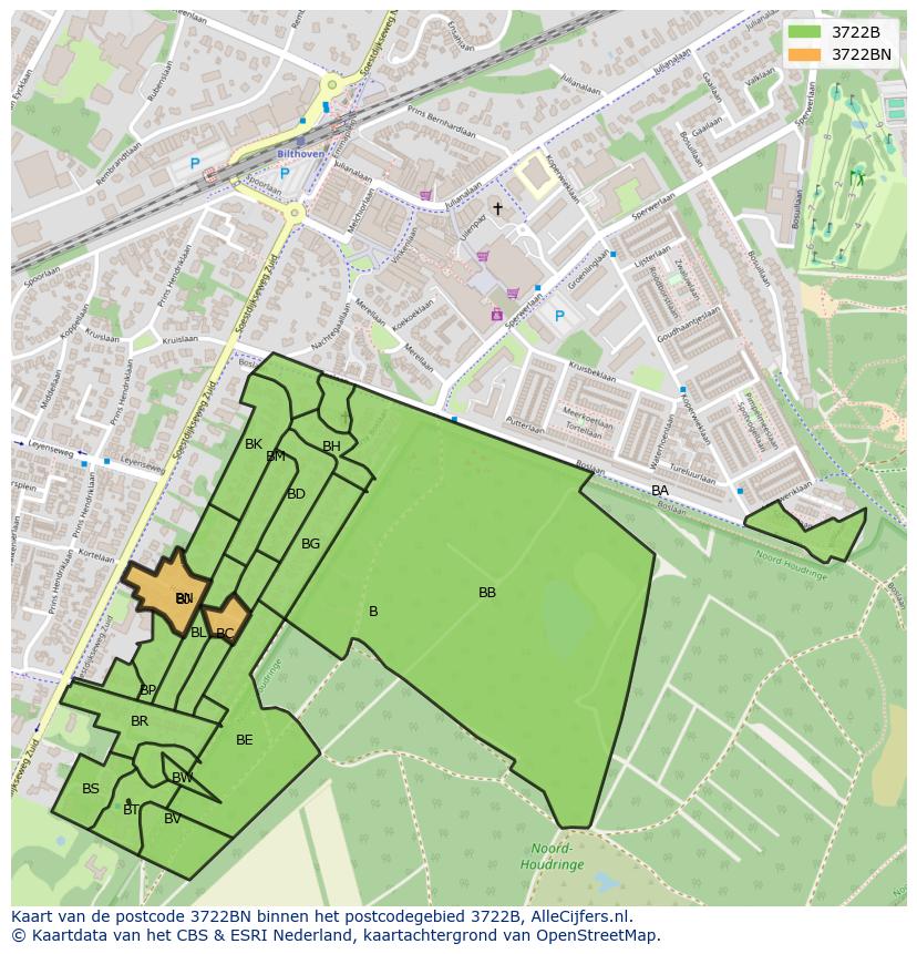 Afbeelding van het postcodegebied 3722 BN op de kaart.