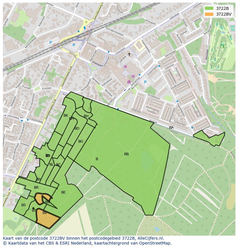 Afbeelding van het postcodegebied 3722 BV op de kaart.