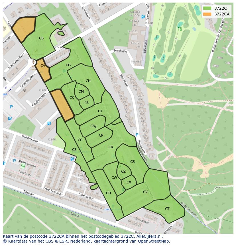 Afbeelding van het postcodegebied 3722 CA op de kaart.