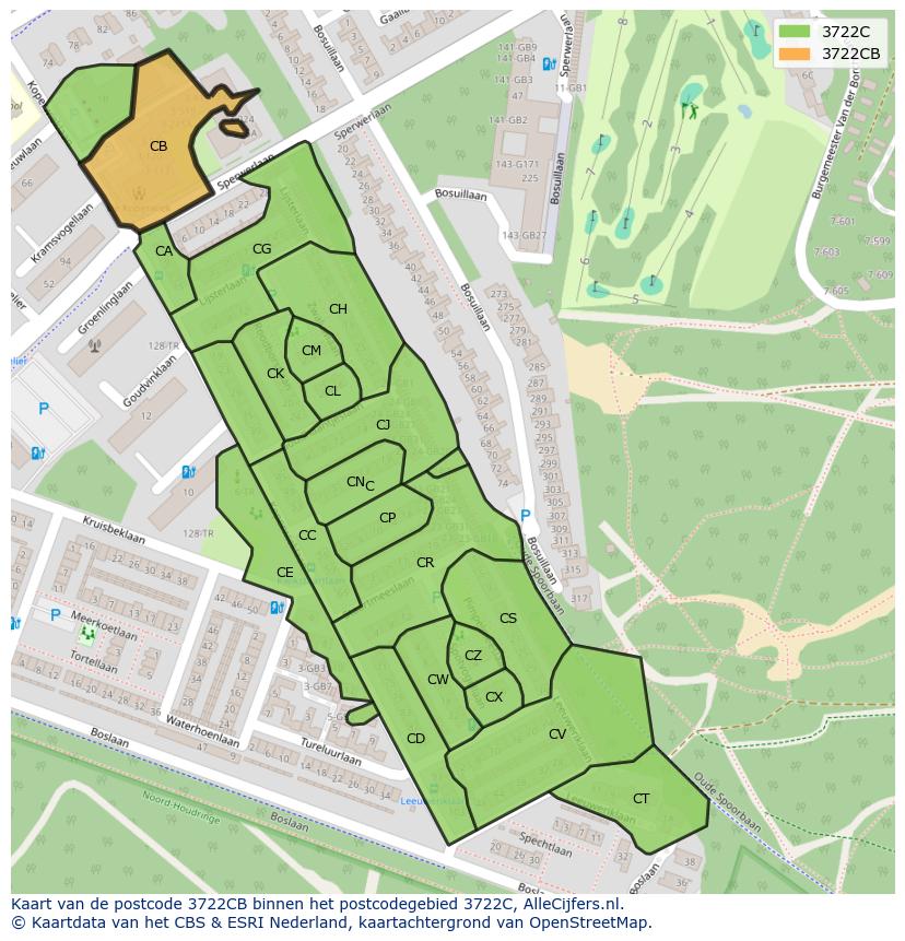 Afbeelding van het postcodegebied 3722 CB op de kaart.