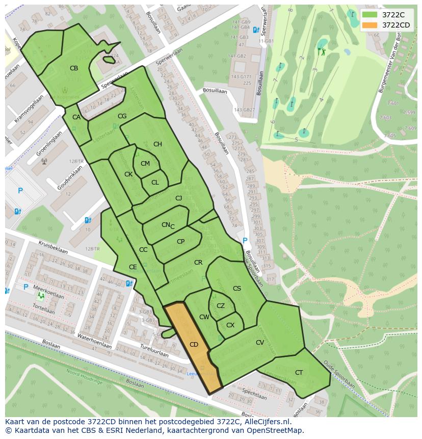 Afbeelding van het postcodegebied 3722 CD op de kaart.