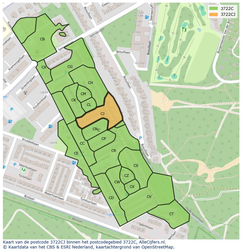 Afbeelding van het postcodegebied 3722 CJ op de kaart.