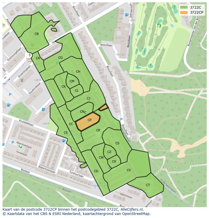 Afbeelding van het postcodegebied 3722 CP op de kaart.