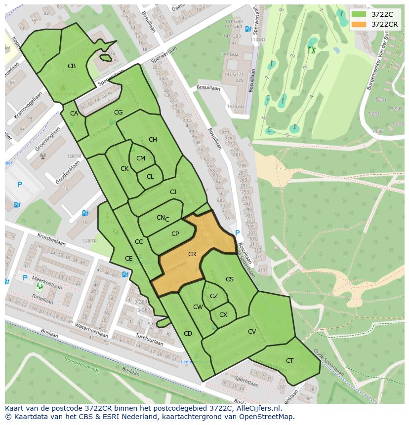 Afbeelding van het postcodegebied 3722 CR op de kaart.
