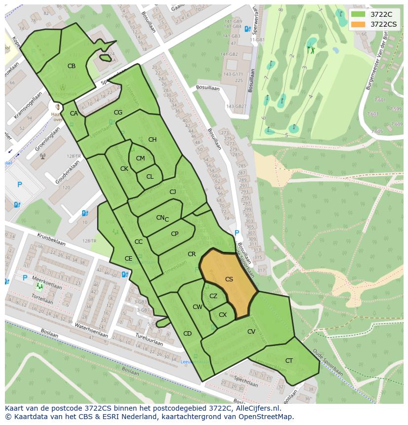 Afbeelding van het postcodegebied 3722 CS op de kaart.