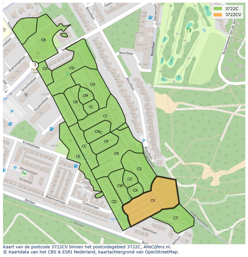 Afbeelding van het postcodegebied 3722 CV op de kaart.
