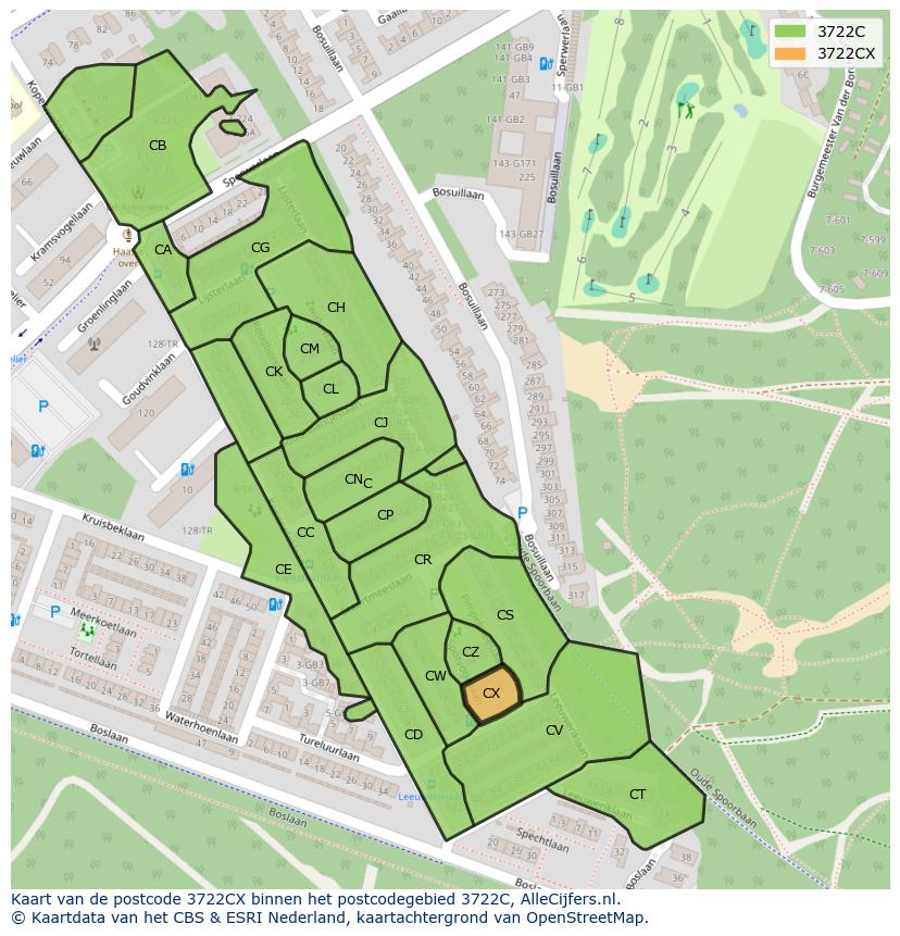 Afbeelding van het postcodegebied 3722 CX op de kaart.