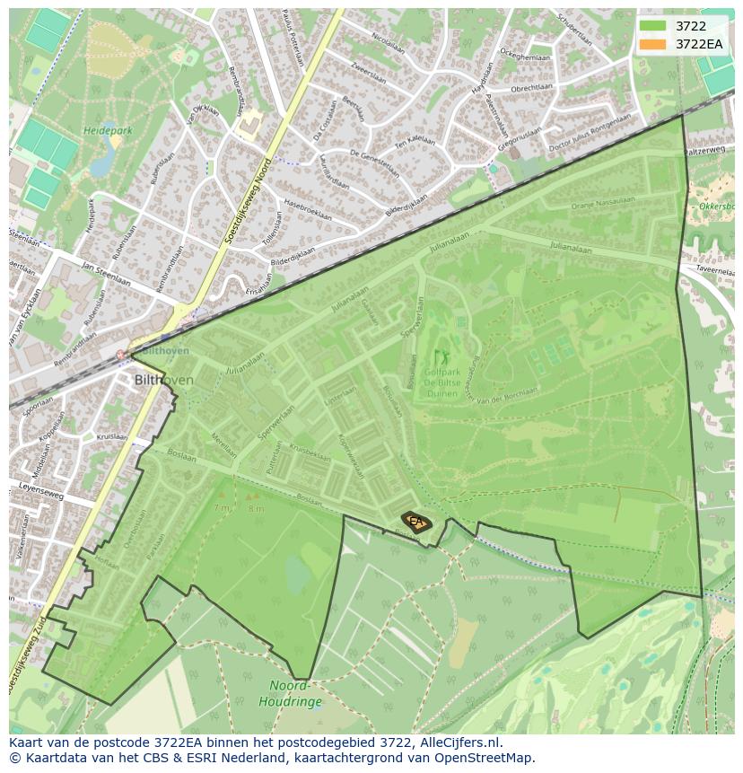 Afbeelding van het postcodegebied 3722 EA op de kaart.
