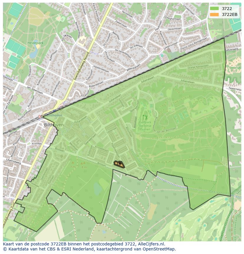 Afbeelding van het postcodegebied 3722 EB op de kaart.