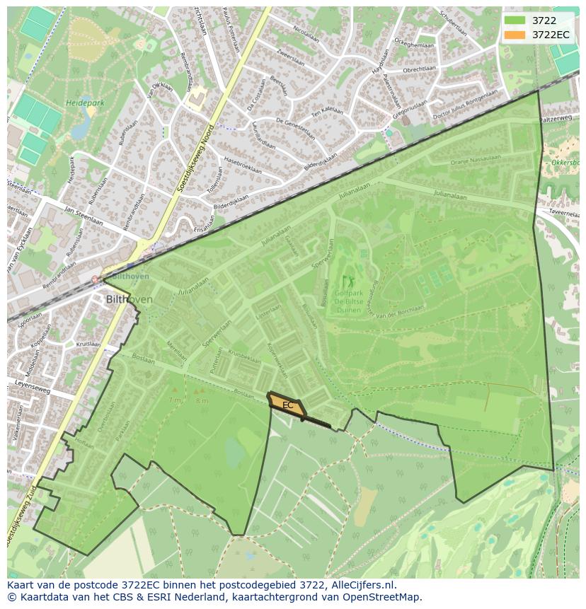Afbeelding van het postcodegebied 3722 EC op de kaart.