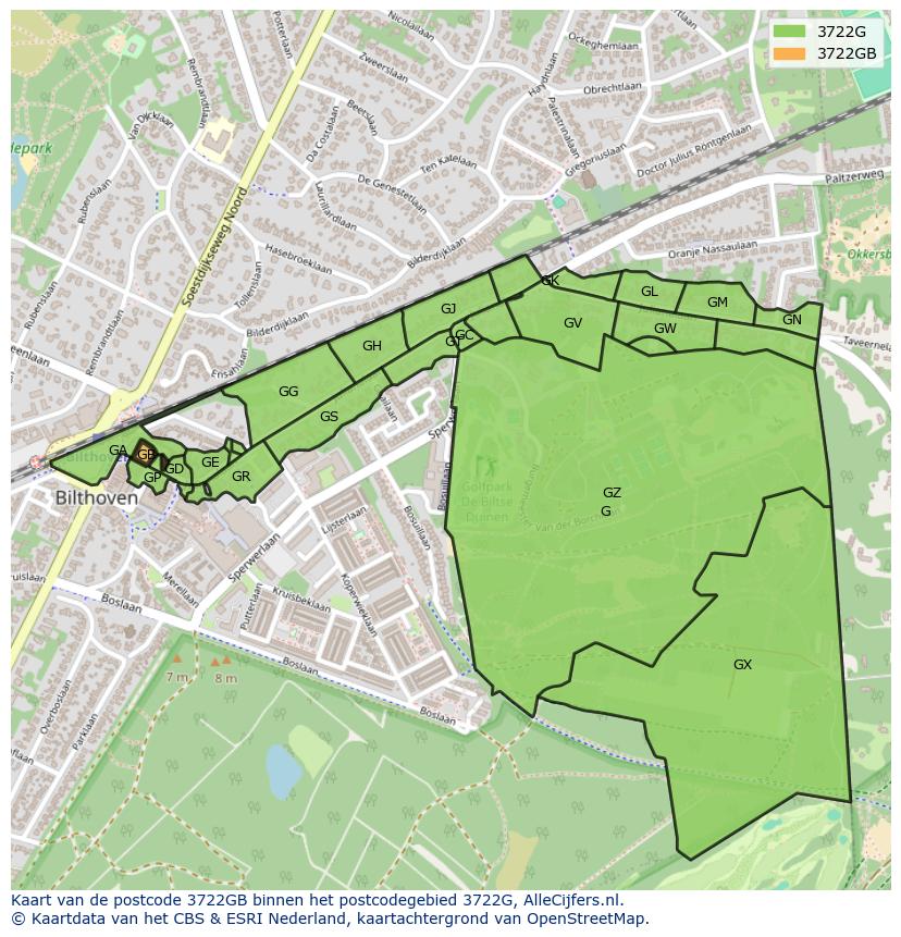 Afbeelding van het postcodegebied 3722 GB op de kaart.
