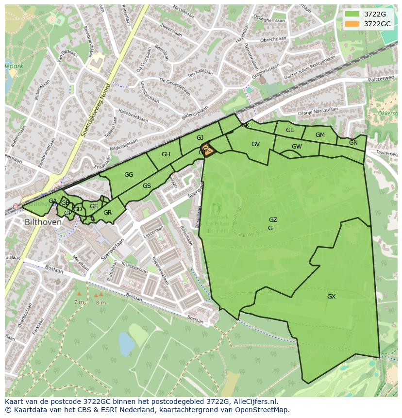 Afbeelding van het postcodegebied 3722 GC op de kaart.
